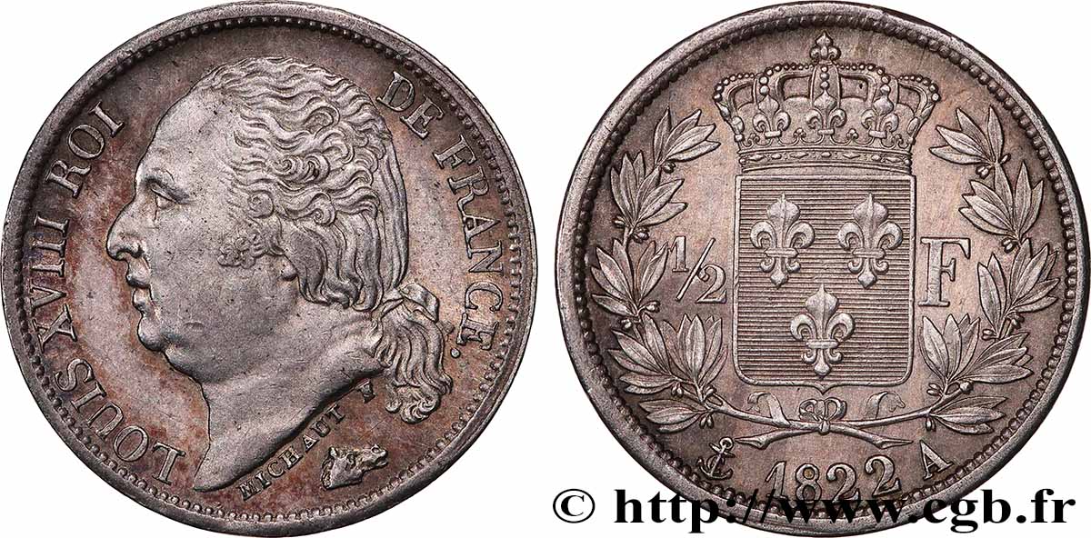 1/2 franc Louis XVIII 1822 Paris F.179/30 SUP+ 