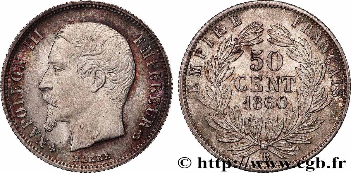 50 centimes Napoléon III, tête nue 1860 Strasbourg F.187/15 SUP62 