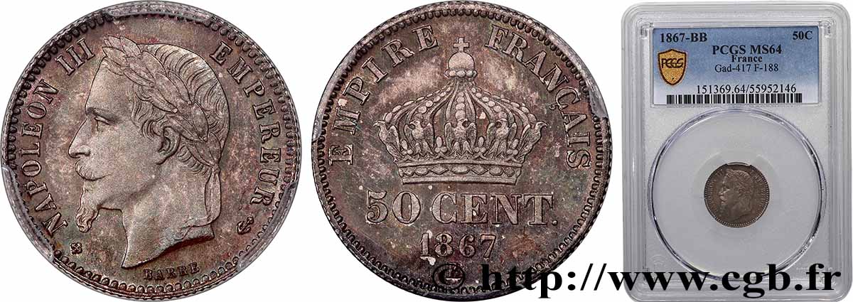 50 centimes Napoléon III, tête laurée 1867 Strasbourg F.188/16 SPL64 PCGS