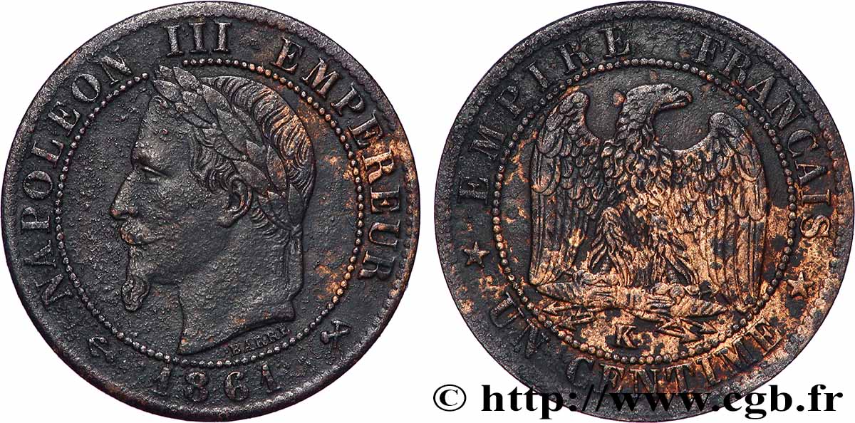 Un centime Napoléon III, tête laurée 1861 Bordeaux F.103/3 VF 