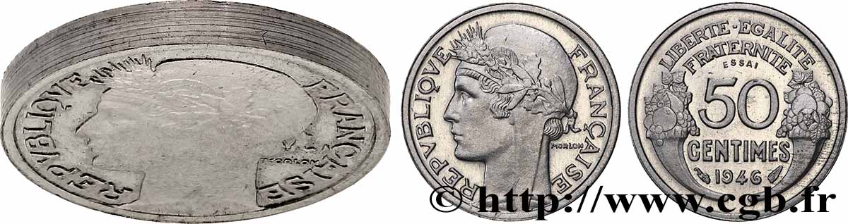 Essai-piéfort de 50 centimes Morlon, légère 1946  GEM.88 EP EBC+ 