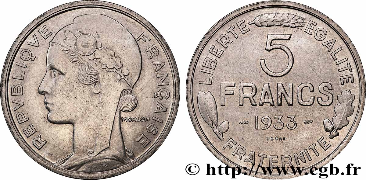 Concours de 5 francs, essai de Morlon en nickel 1933 Paris GEM.138 1 SPL 