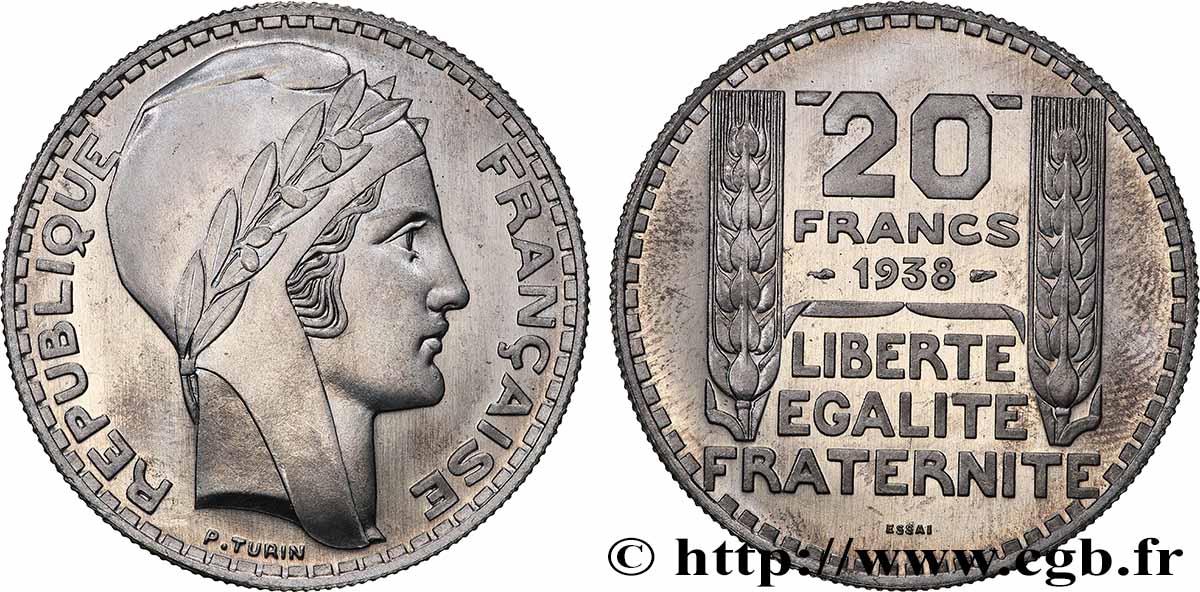 Préparation de la 20 francs, type Turin, essai en aluminium, tranche striée 1938 Paris GEM.200  6 MS 