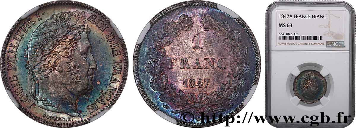 1 franc Louis-Philippe, couronne de chêne 1847 Paris F.210/110 SPL63 NGC