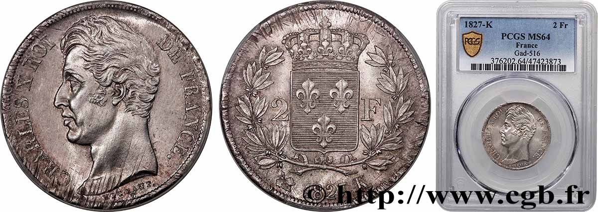 2 francs Charles X 1827 Bordeaux F.258/30 SPL64 PCGS