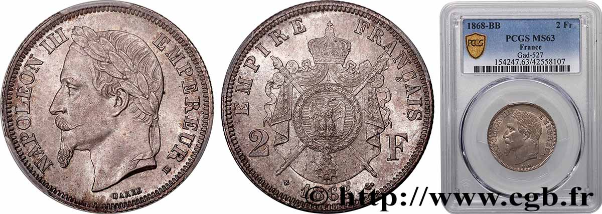 2 francs Napoléon III, tête laurée  1868 Strasbourg F.263/9 MS63 PCGS