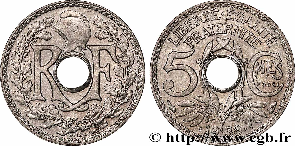 Essai de 5 centimes Lindauer maillechort, ESSAI en relief 1938 Paris F.123A/1 MS 