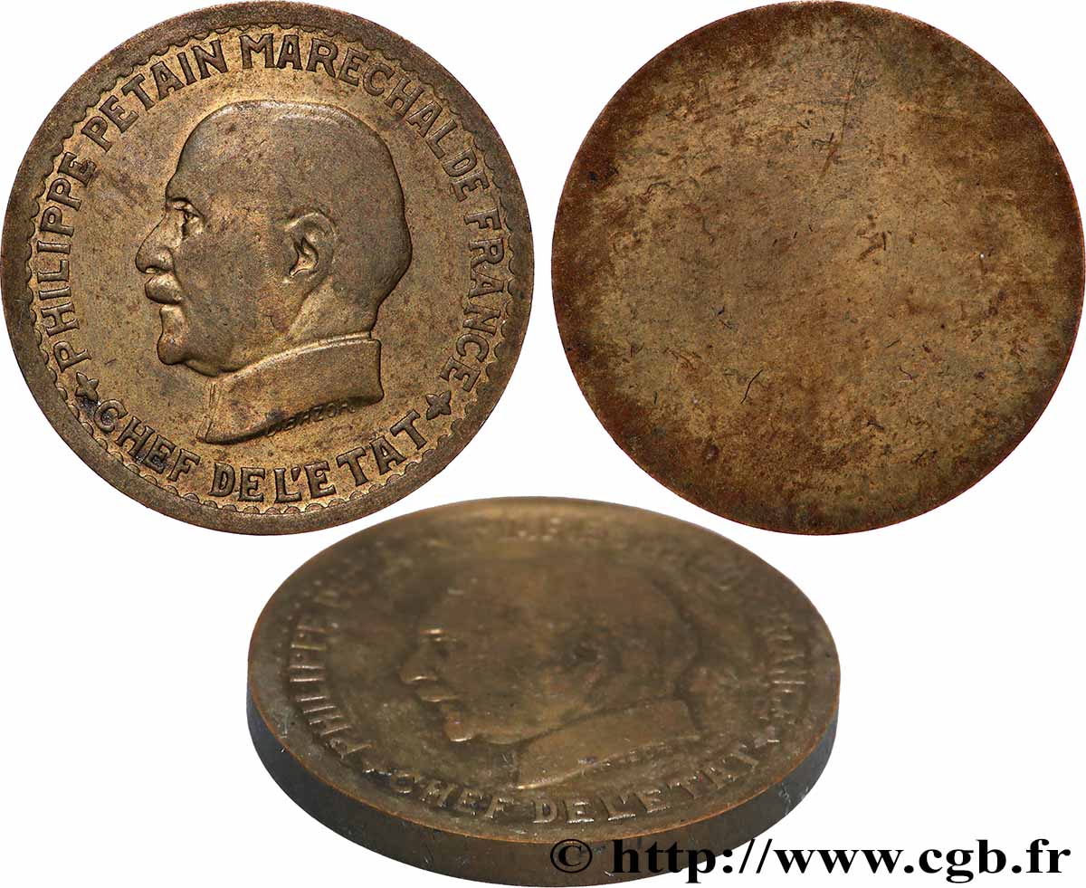 Épreuve uniface de 5 francs Pétain en Laiton, Tranche lisse n.d. Paris GEM.142 1 var. MS 
