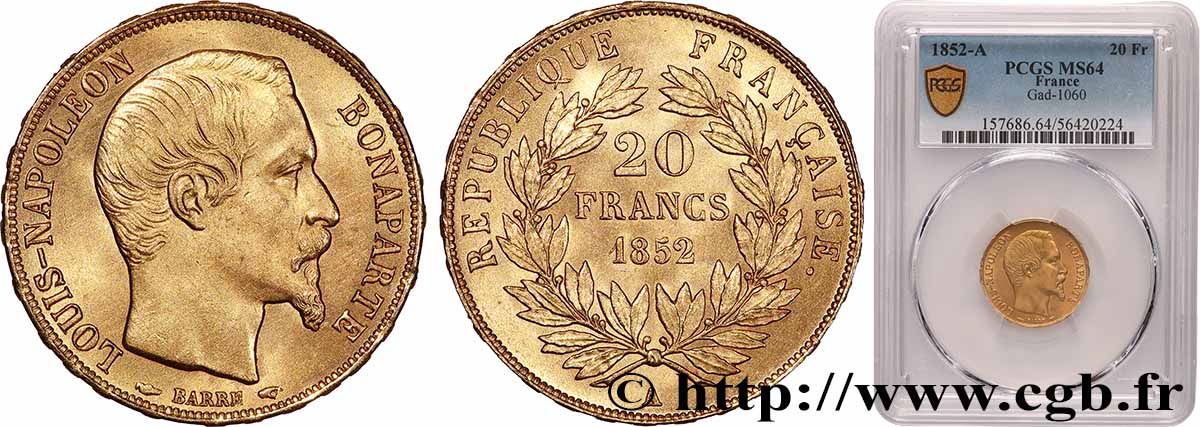 20 francs or Louis-Napoléon 1852 Paris F.530/1 MS64 PCGS