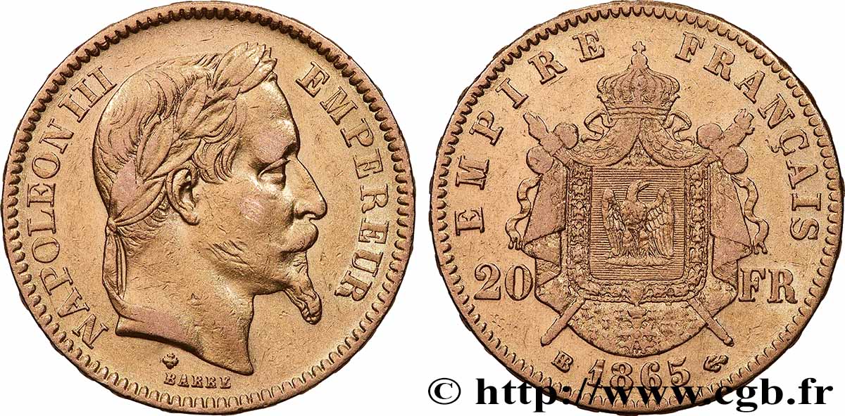 20 francs or Napoléon III, tête laurée 1865 Strasbourg F.532/12 q.BB 