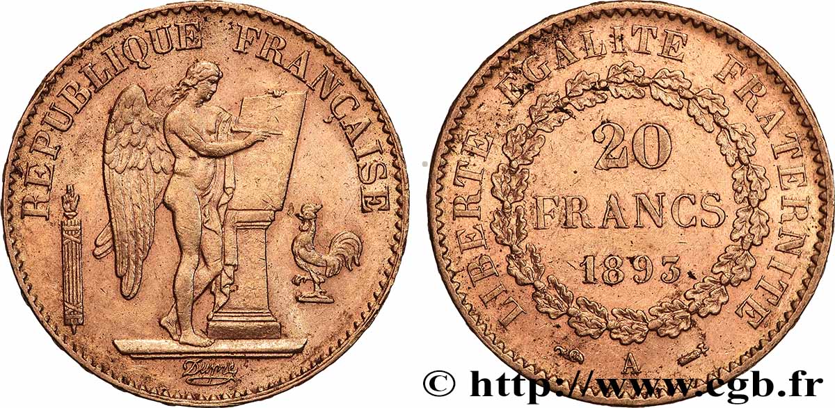 20 francs or Génie, Troisième République 1893 Paris F.533/17 SPL 