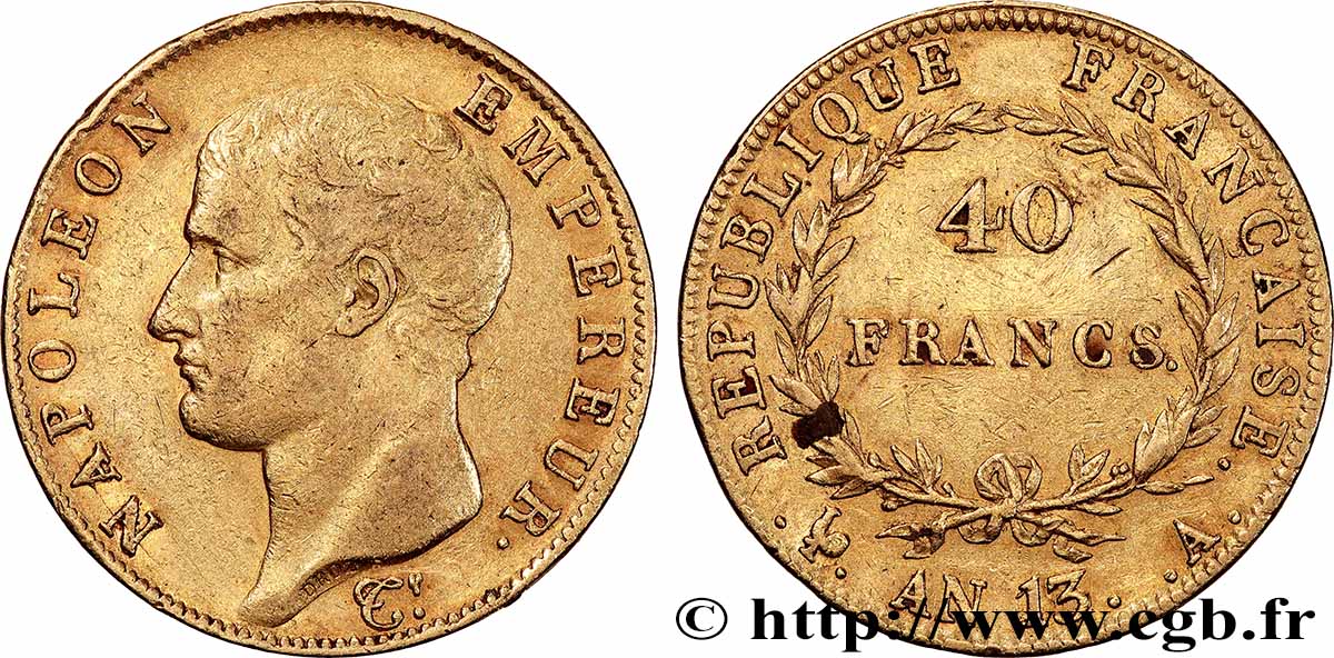 40 francs or Napoléon tête nue, Calendrier révolutionnaire 1805 Paris F.537/1 q.BB 