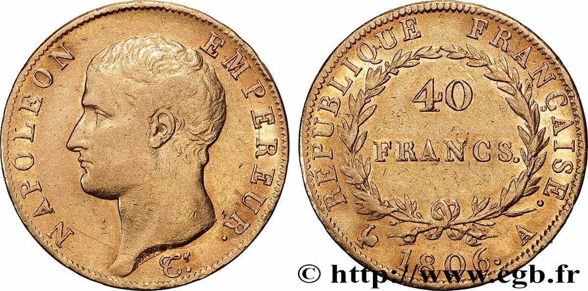 40 francs or Napoléon tête nue, Calendrier grégorien 1806 Paris F.538/1 q.BB 