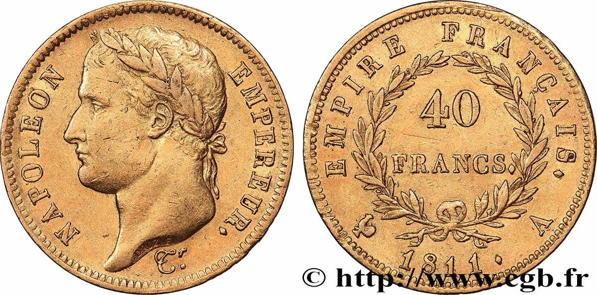 40 francs or Napoléon tête laurée, Empire français 1811 Paris F.541/6 XF 