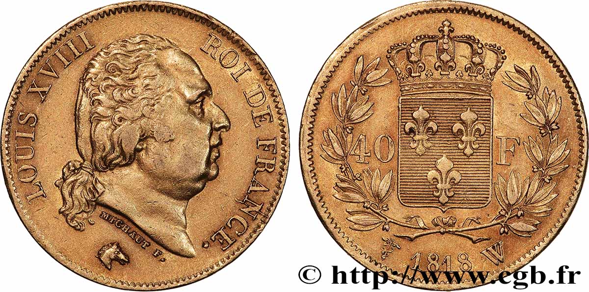 40 francs or Louis XVIII 1818 Lille F.542/8 AU 