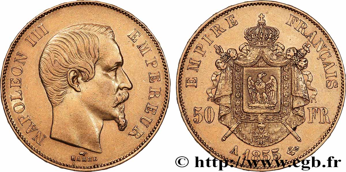 50 francs or Napoléon III, tête nue 1855 Paris F.547/1 AU 