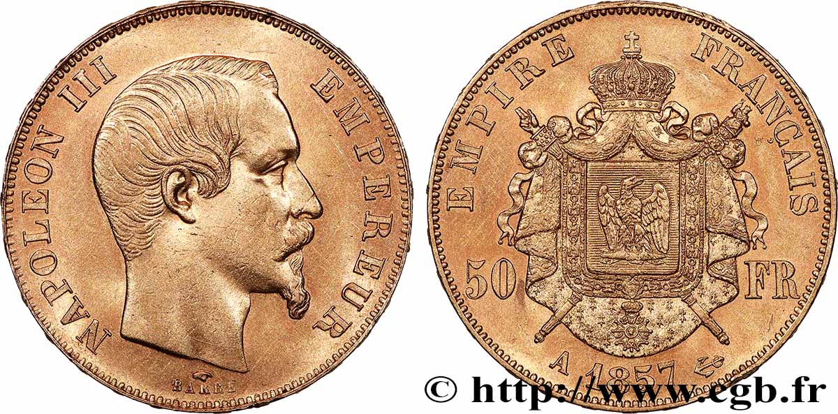 50 francs or Napoléon III, tête nue 1857 Paris F.547/4 SPL 