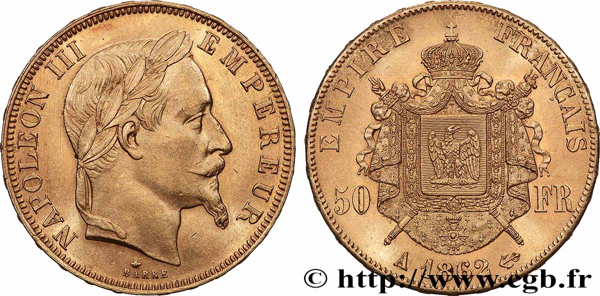 50 francs or Napoléon III, tête laurée 1862 Paris F.548/1 q.SPL 