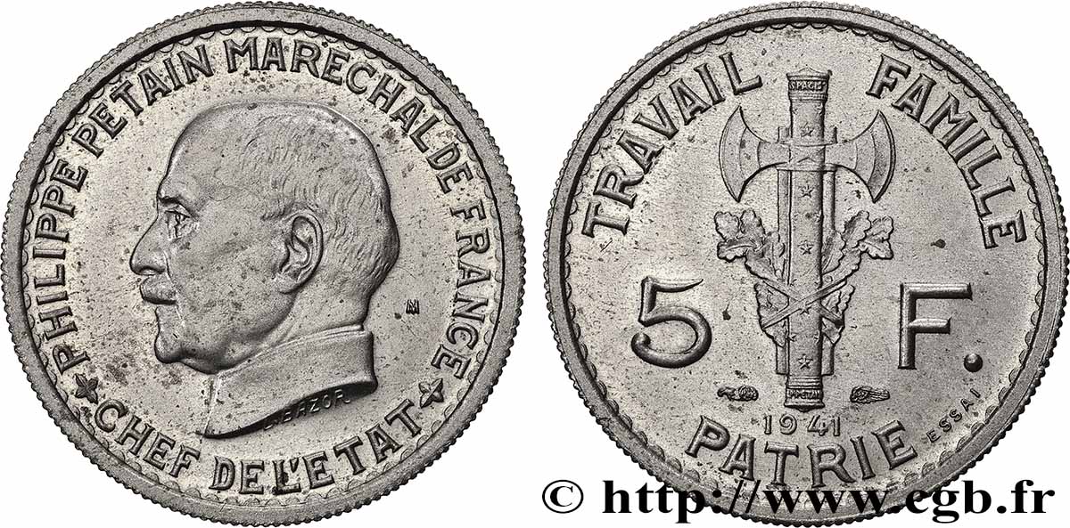 Essai de 5 francs Pétain en maillechort, 2e projet de Bazor 1941 Paris GEM.142 37 SPL63 