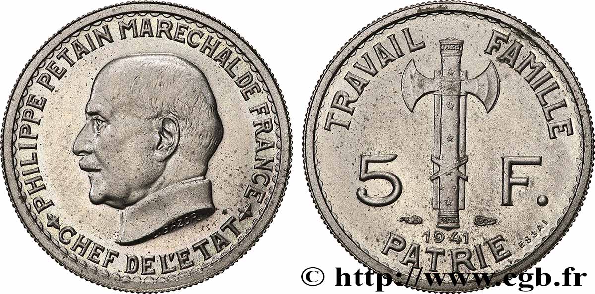 Essai de 5 francs Pétain 1941 Paris F.338/1 MS63 