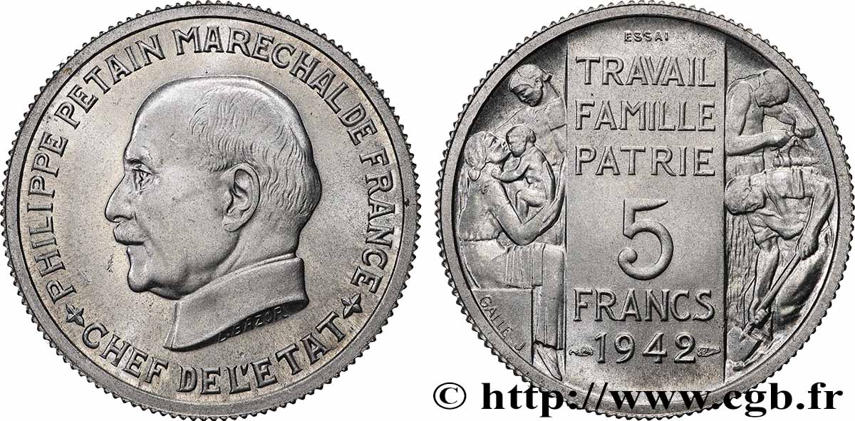 Essai grand module de 5 francs Pétain en aluminium par Bazor et Galle 1942 Paris GEM.143 3 SPL 
