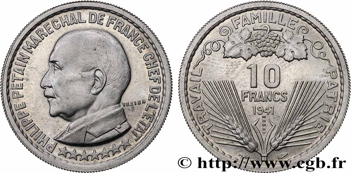 Essai de 10 francs Pétain en aluminium par Vézien, poids léger (2 g) 1941 Paris GEM.178 1 var. MS64 