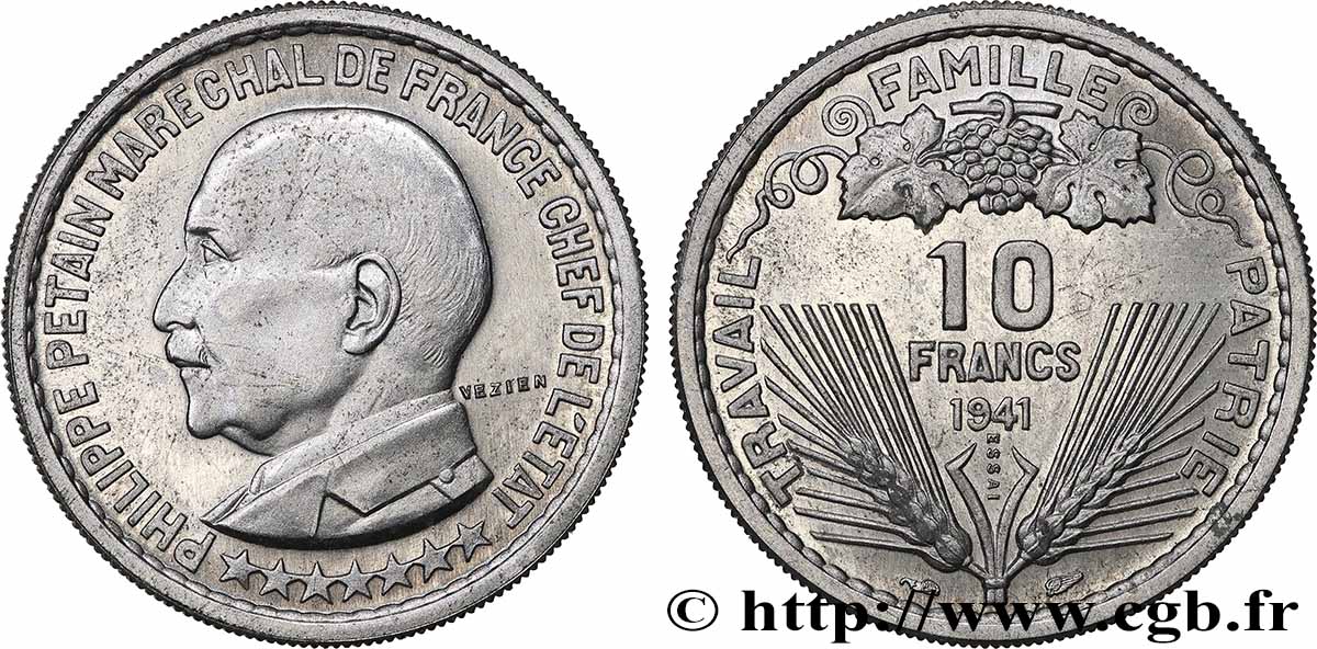 Essai de 10 francs Pétain en aluminium par Vézien, poids lourd (3 g) 1941 Paris GEM.178 3 SPL63 