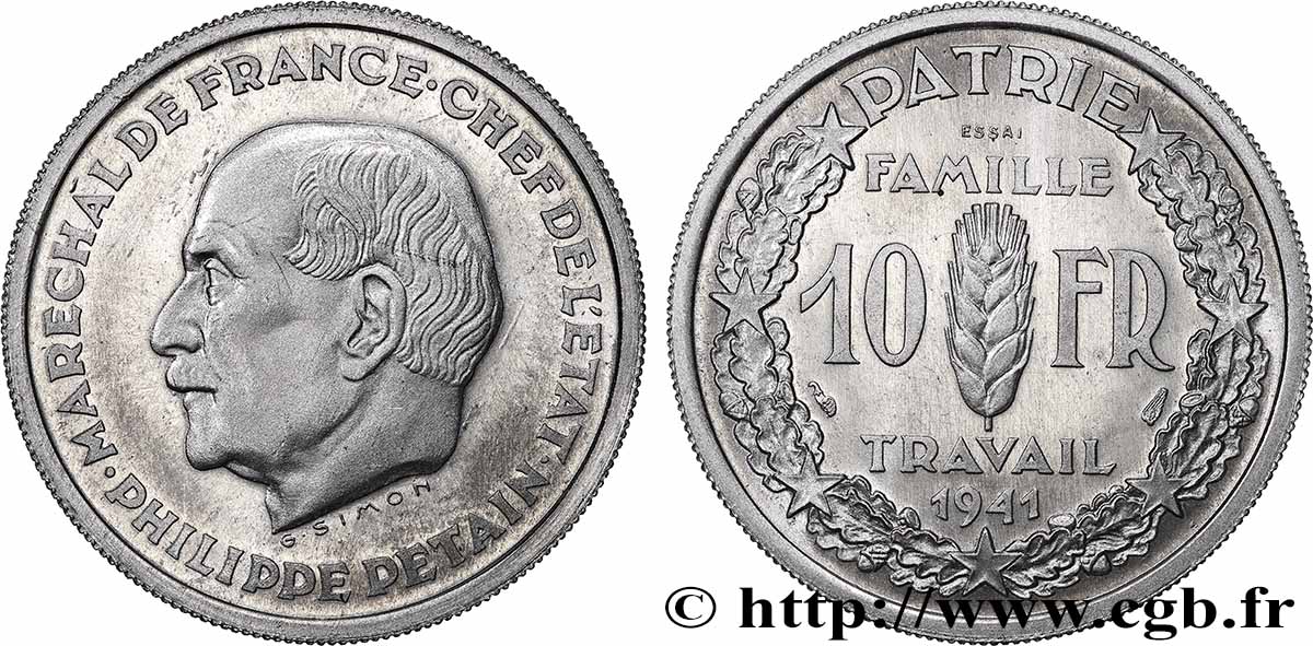 Essai de 10 francs Pétain en aluminium par Simon, 2,5 g 1941 Paris GEM.177 1 SUP62 