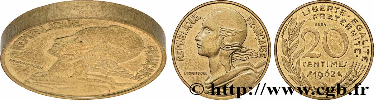 Essai-piéfort de 20 centimes Marianne 1962 Paris GEM.56 EP SUP+ 