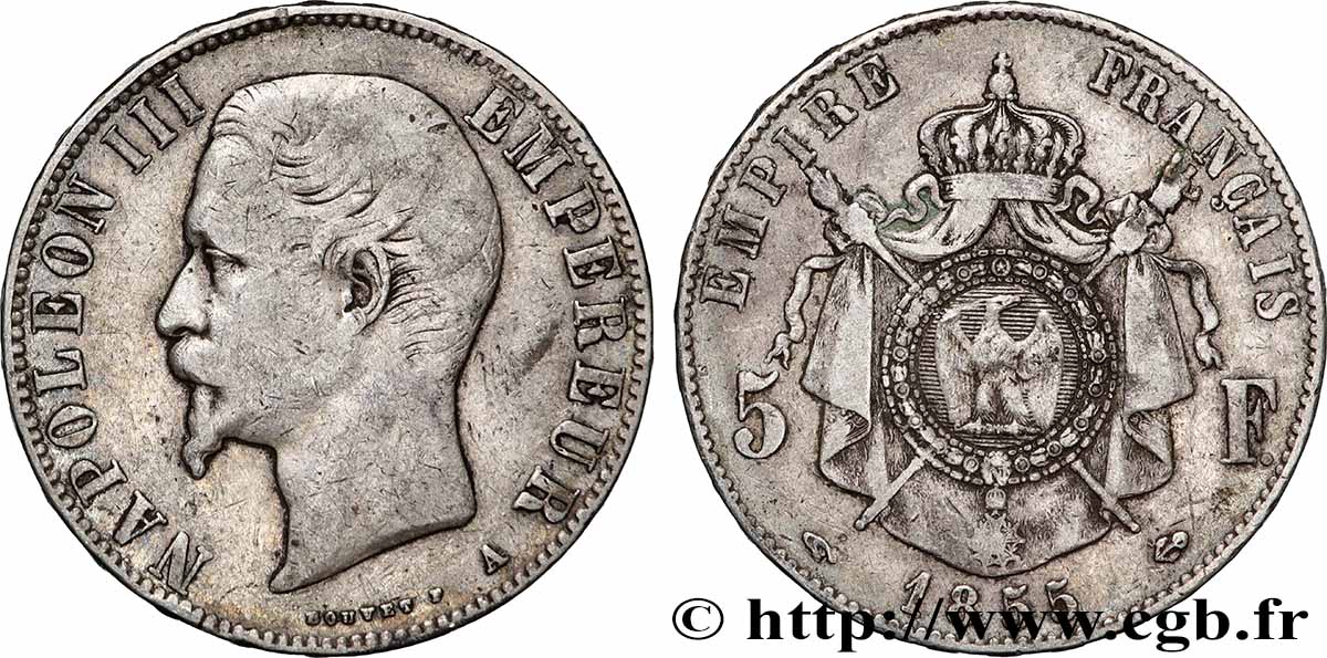 5 francs Napoléon III, tête nue 1855 Paris F.330/3 TB 