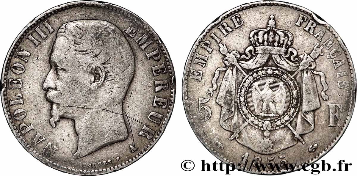 5 francs Napoléon III, tête nue 1855 Paris F.330/3 VF 