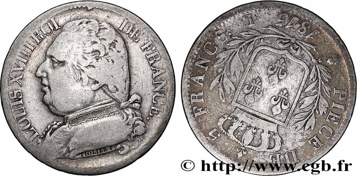 5 francs Louis XVIII, buste habillé, Fauté coins tournés à -26 min/-156° 1815 Bayonne F.308/23 var. VF 