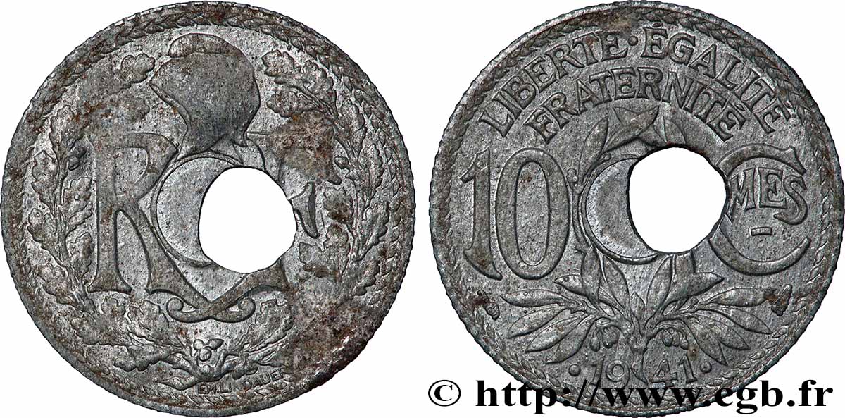 10 centimes Lindauer en zinc, Cmes souligné et millésime avec points, fautée trou décentré 1941  F.140/2 var. TTB 