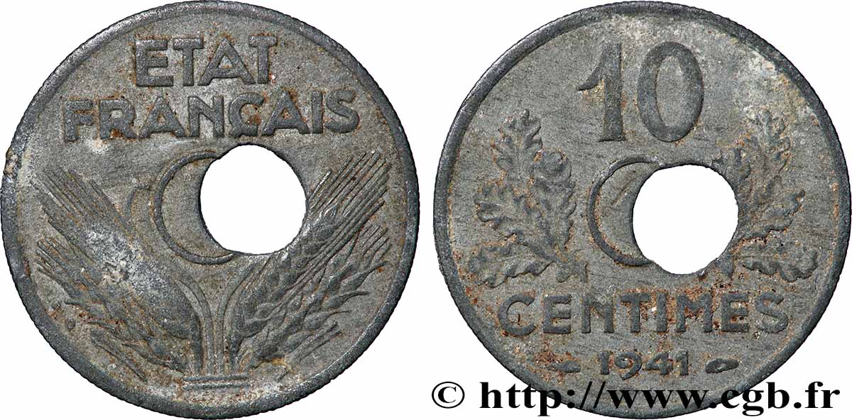 10 centimes État français, grand module, fautée trou décentré 1941 Paris F.141/2 var. TB 