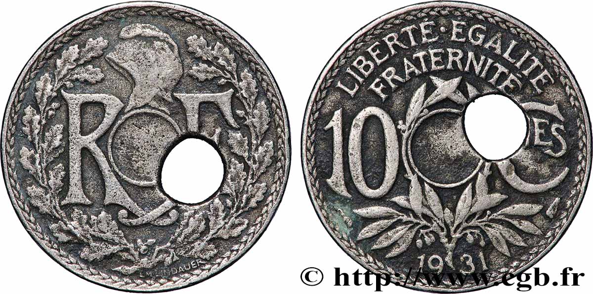 10 centimes Lindauer, fautée trou décentré 1931  F.138/18 var. TB 