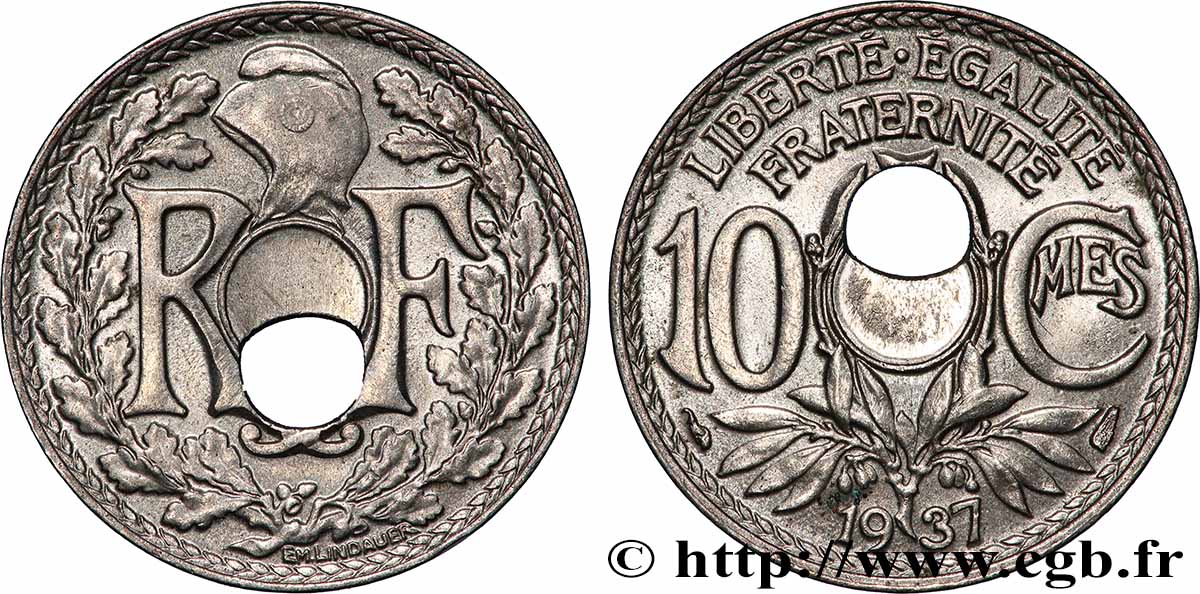 10 centimes Lindauer, fautée trou décentré 1937  F.138/24 var. SUP 