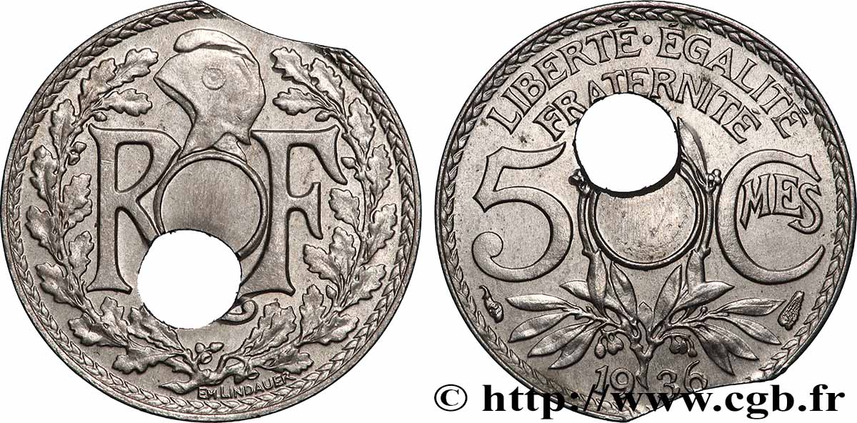5 centimes Lindauer, petit module, double fautée trou décentré et flan clipé 1936 Paris F.122/19 var. SUP+ 