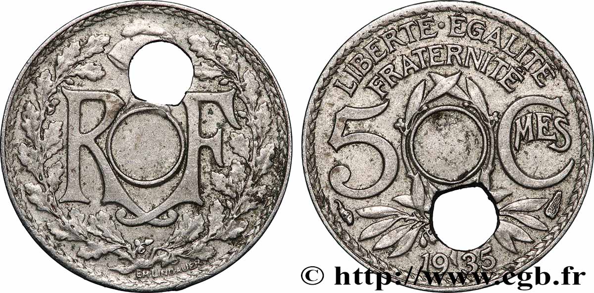 5 centimes Lindauer, petit module, fautée trou décentré 1935 Paris F.122/18 var. TTB 