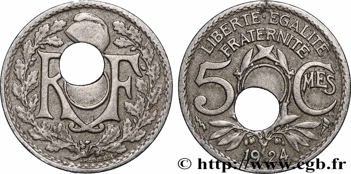 5 centimes Lindauer, petit module, fautée trou décentré 1924 Poissy F.122/9 var. TB+ 