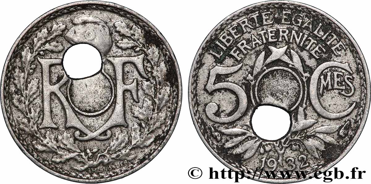 5 centimes Lindauer, petit module, fautée trou décentré 1932 Paris F.122/15 var. TB 