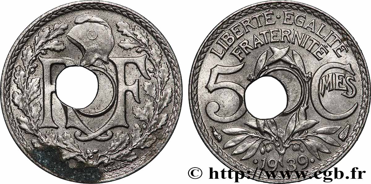 5 centimes Lindauer, maillechort, fautée trou décentré 1939 Paris F.123A/3 var. SUP+ 