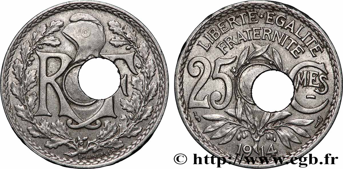 25 centimes Lindauer, Cmes souligné, fautée trou décentré 1914  F.170/2 var. TTB 
