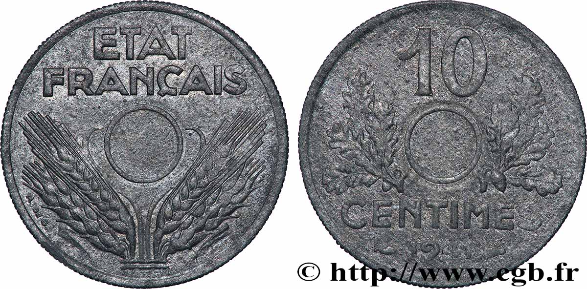 10 centimes État français, grand module, non perforé 1941 Paris F.141/2 var. XF 