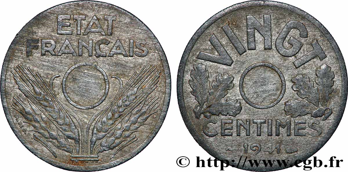 VINGT centimes État français, non perforé 1941  F.152/2 var. TB 