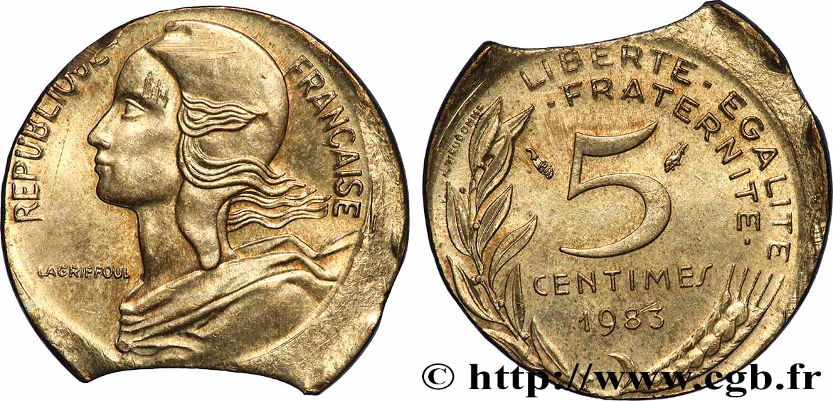 5 centimes Marianne, doublement Fautée hors virole et flan clipé 1983 Pessac F.125/19 var. SUP 