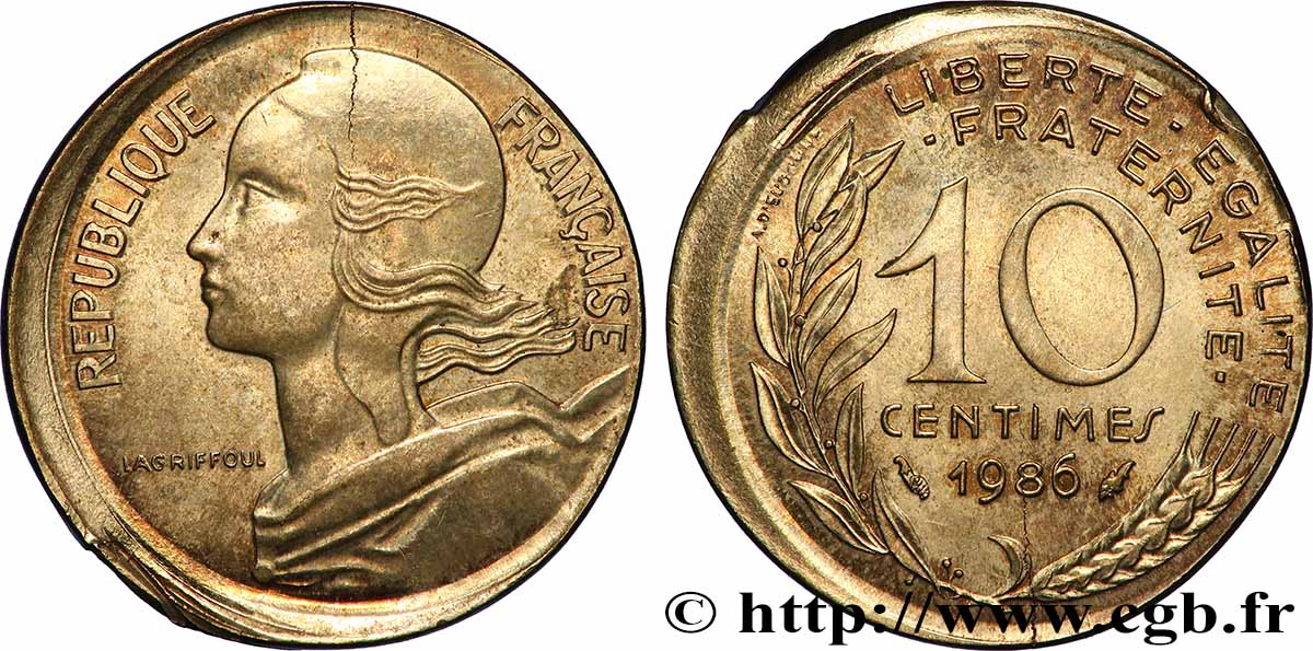 10 centimes Marianne, Fauté frappe hors virole en casquette 1986 Pessac F.144/26 var. SUP 