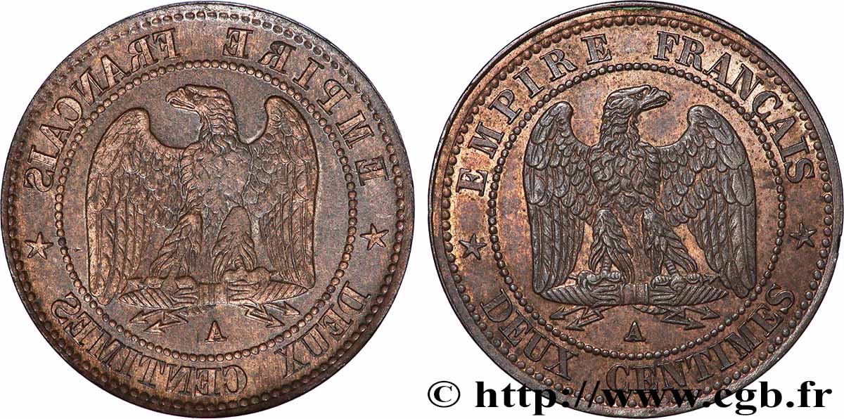 Deux centimes Napoléon III, Frappe incuse du revers 1861 Paris F.107/8 ?/- var. SUP+ 