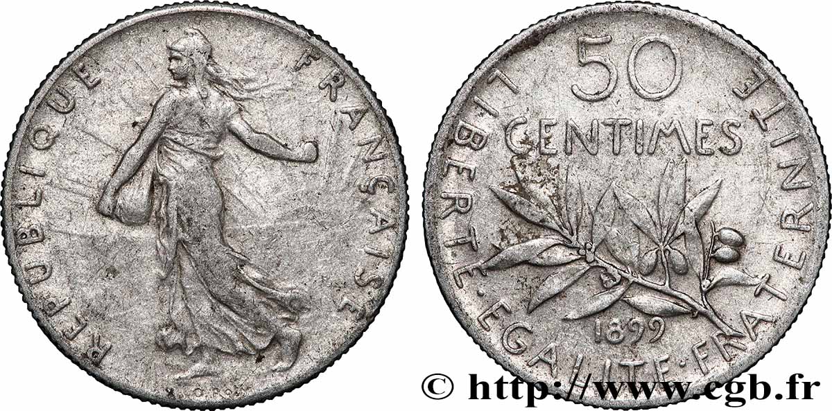 50 centimes Semeuse, Fautée coins tournés à +11 min/+66° 1899  F.190/5 var. TB+ 