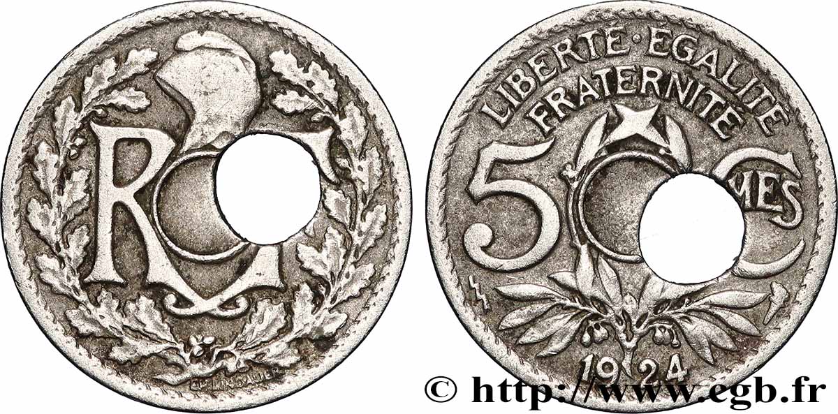5 centimes Lindauer, petit module, fautée trou décentré 1924 Poissy F.122/9 var. TB+ 
