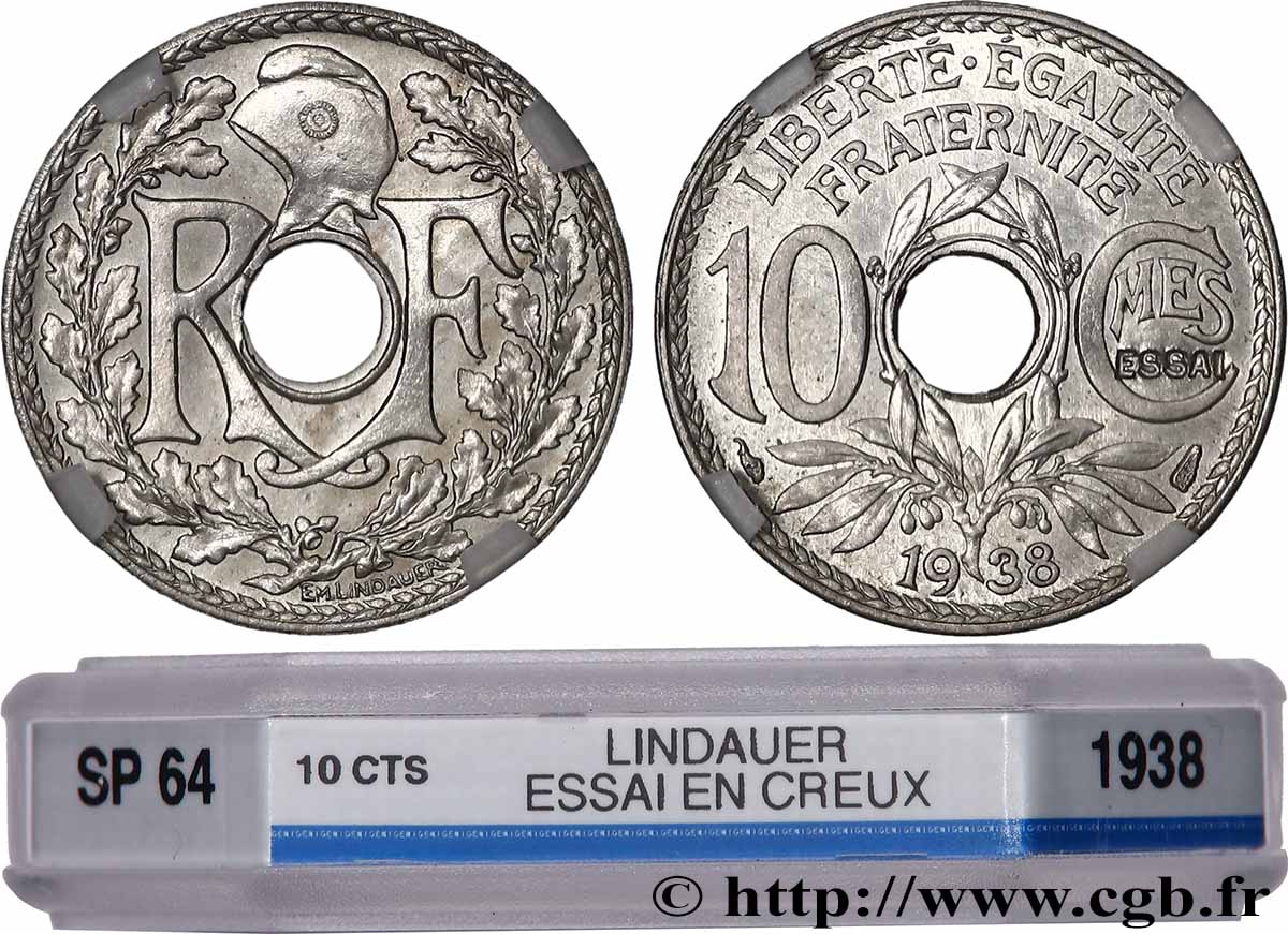 Essai de 10 centimes Lindauer, ESSAI en creux 1938  GEM.40 2 MS64 GENI